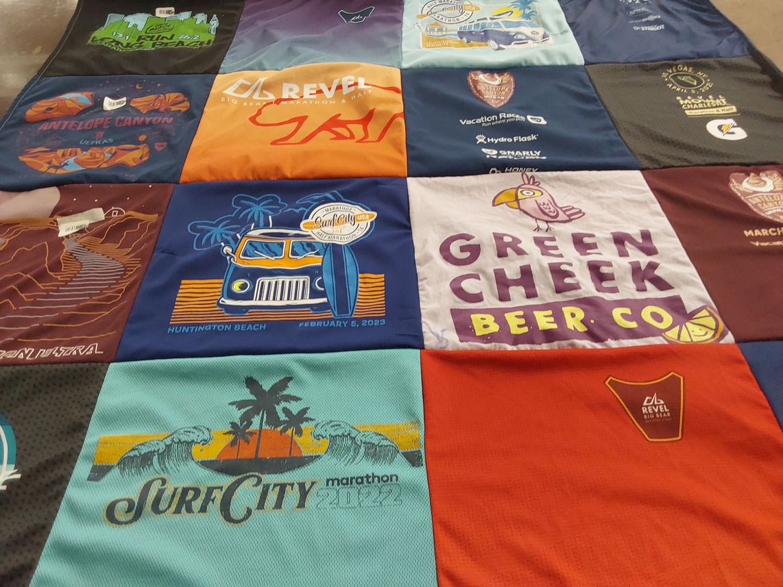 T-shirt quilt with running, brewing themes by Karen from CA