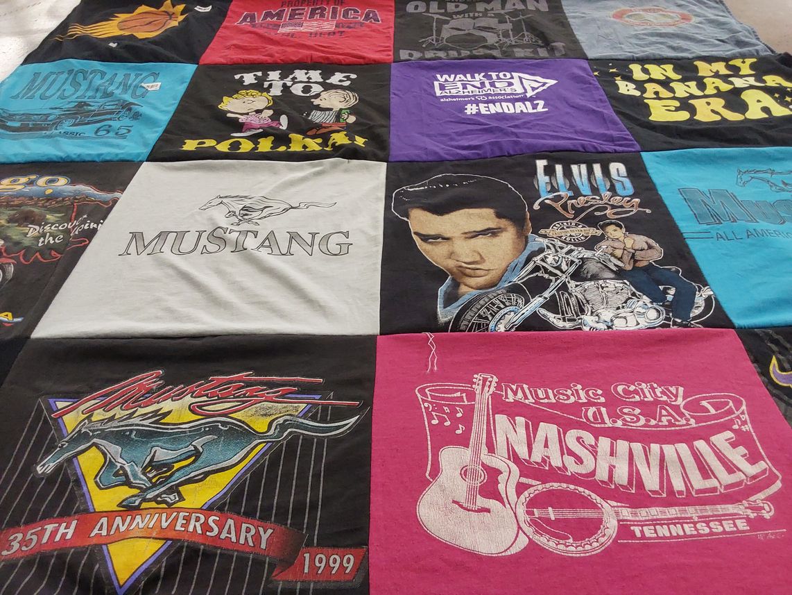 T-shirt quilt with music, vehicles themes by Krista from AZ