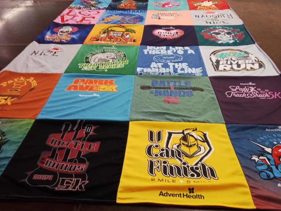T-shirt quilt with running, fitness themes by Martha from FL