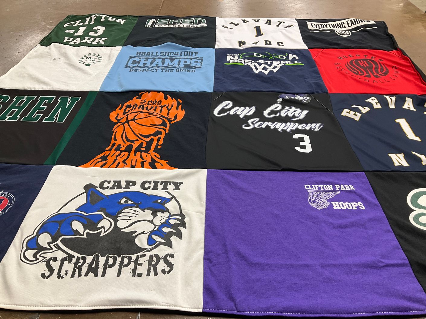 T-shirt quilt featuring cap city scrappers, clifton park hoops by Sarah from NY