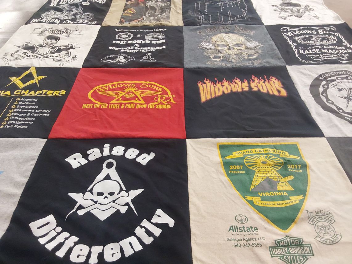 T-shirt quilt with motorcycling, freemasonry themes by Brad from VA