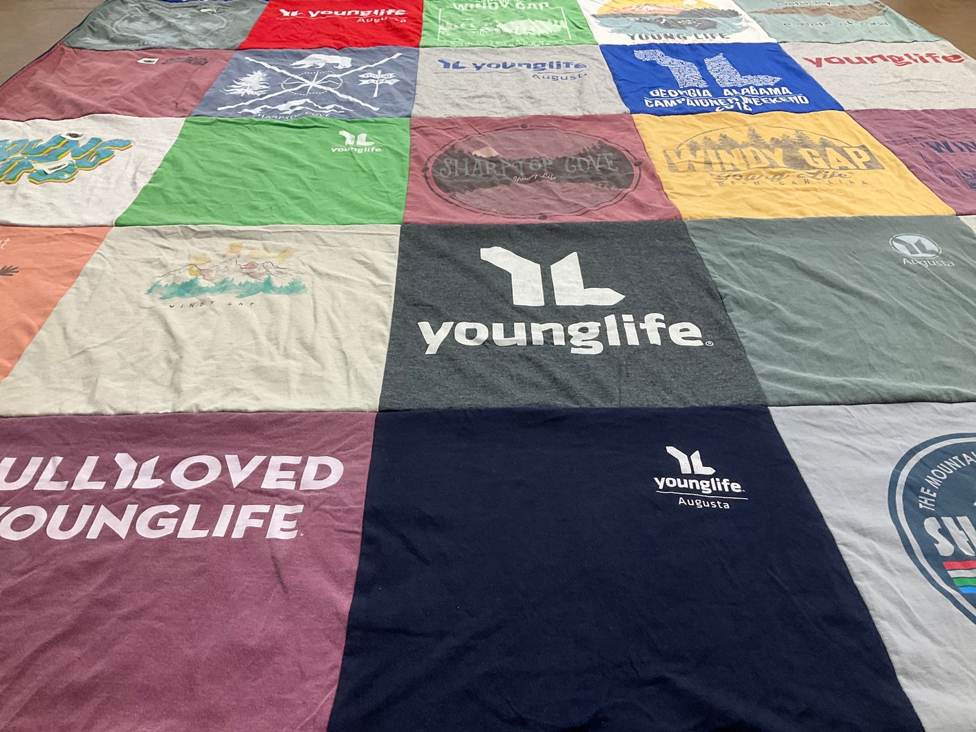 T-shirt quilt with youth ministry, outdoor activities themes by Katie from GA