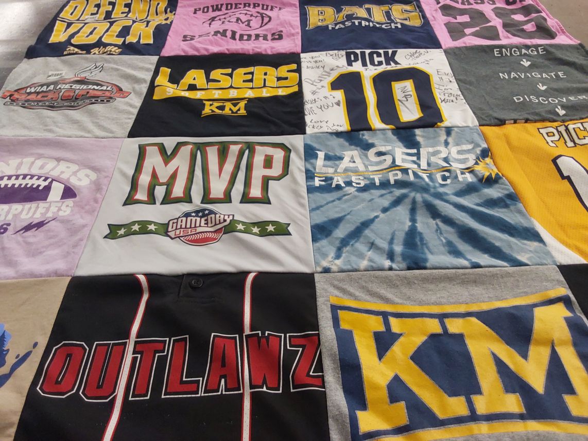 T-shirt quilt featuring lasers fastpitch, bats fastpitch by Jenny from WI