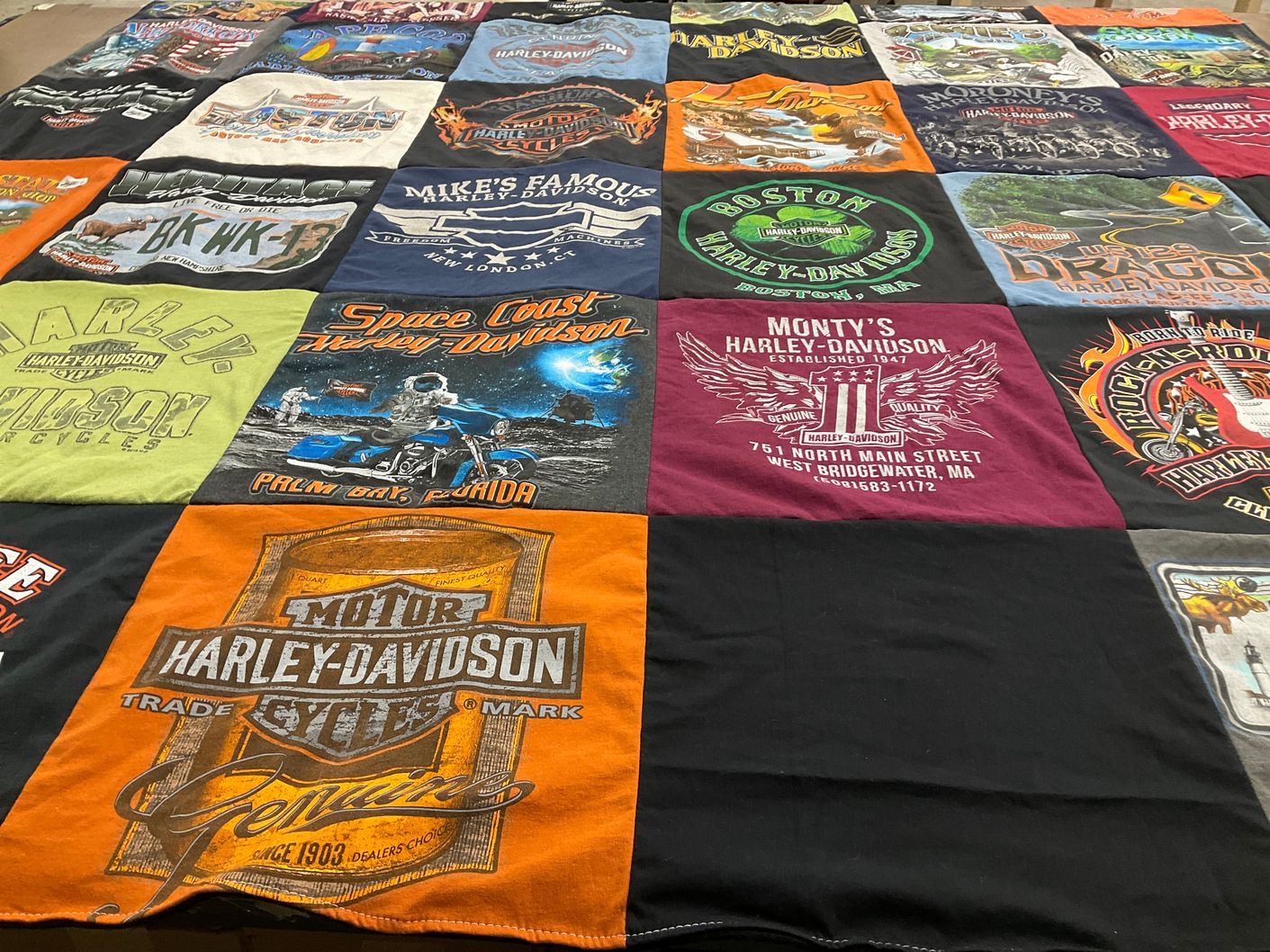 T-shirt quilt with motorcycles, local businesses themes by Timothy from CT