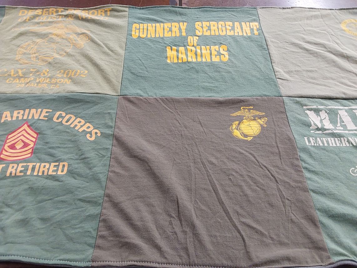 T-shirt quilt with military, us marines themes by Stephanie from NC