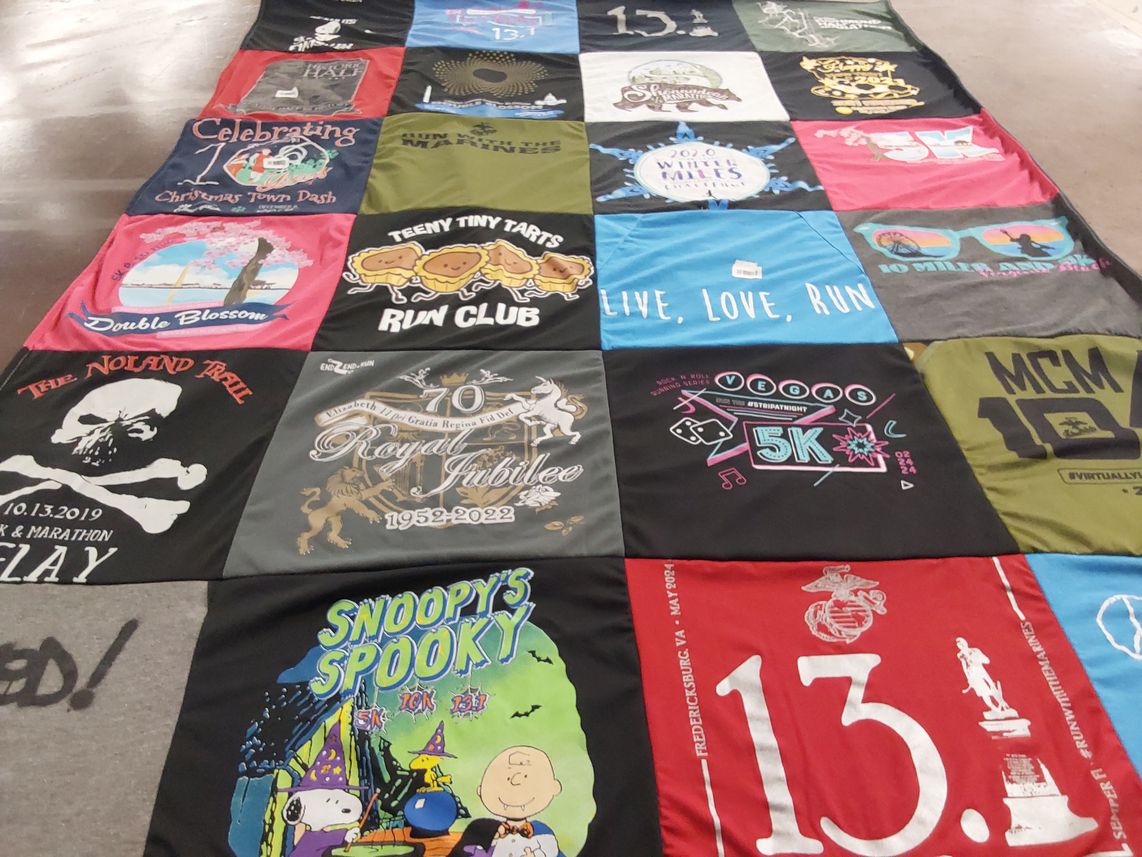 T-shirt quilt with running, marathon themes by Joanna from VA