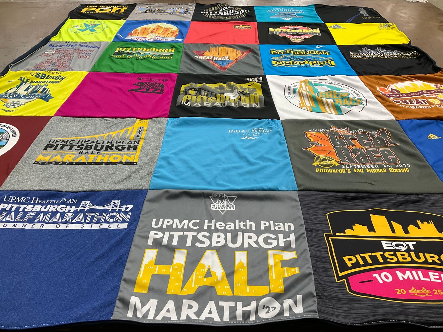 T-shirt quilt with running, marathons themes by Laura from PA