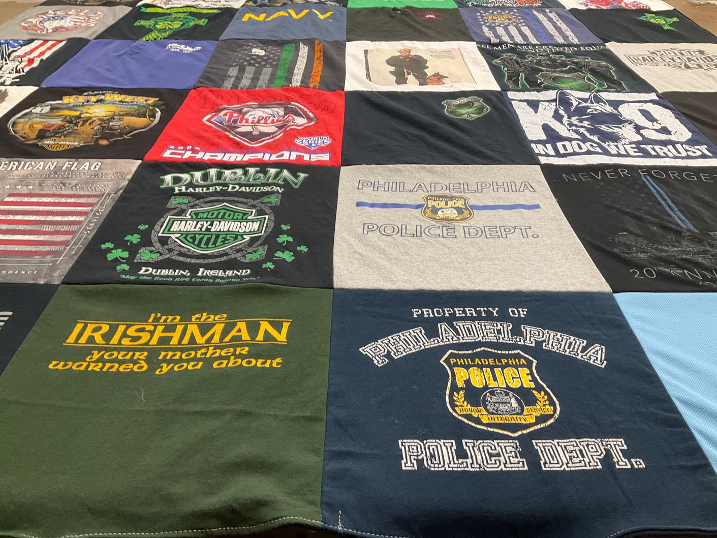 T-shirt quilt with motorcycles, law enforcement themes by Nicole from NJ