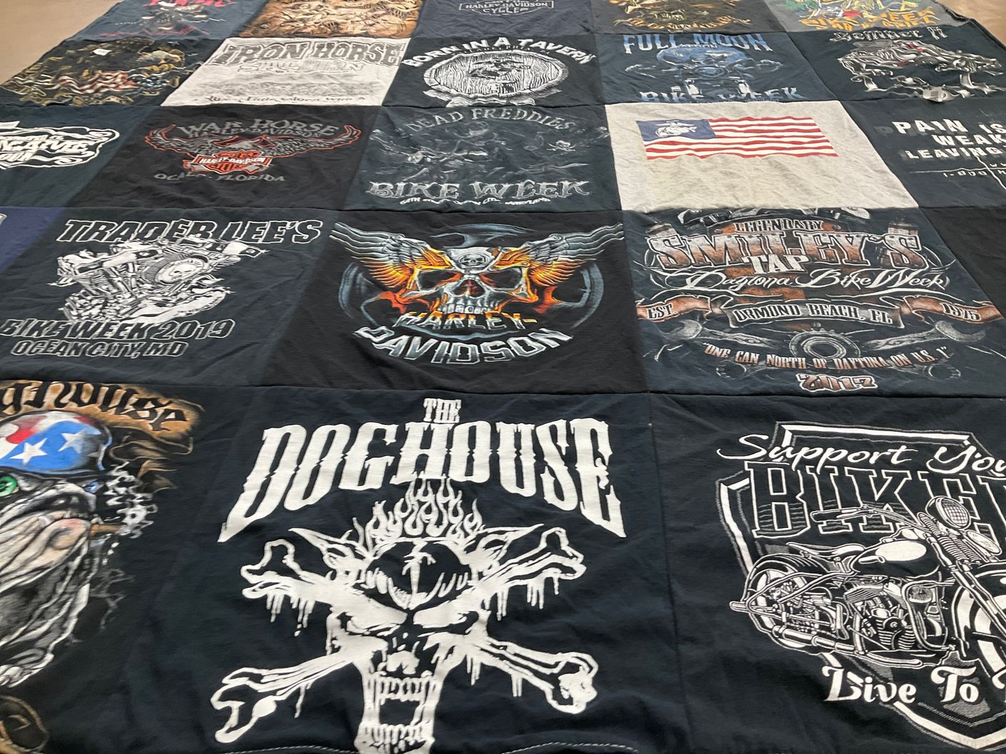 T-shirt quilt with motorcycles, biking themes by Rebecca from NJ