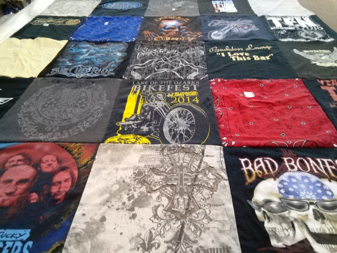 T-shirt quilt with motorcycles, biking themes by Christy from MO