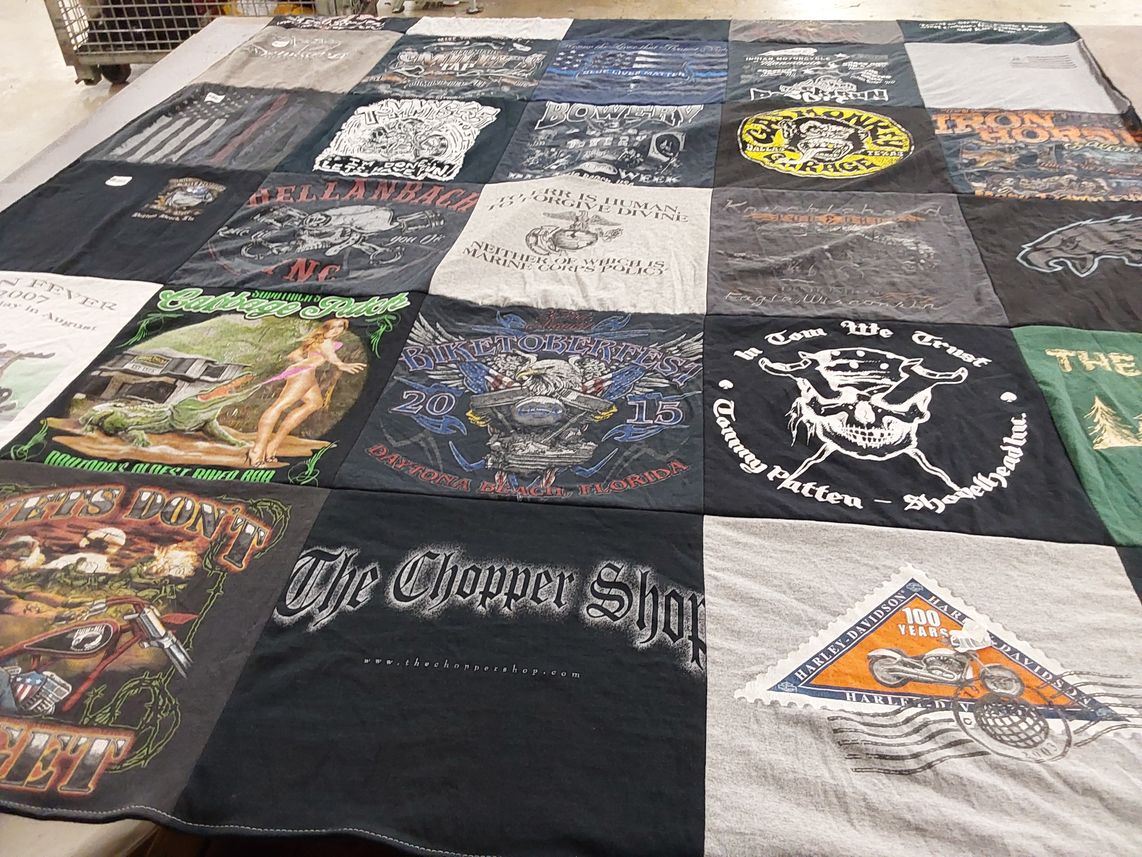 T-shirt quilt with motorcycling, biking themes by Rebecca from NJ