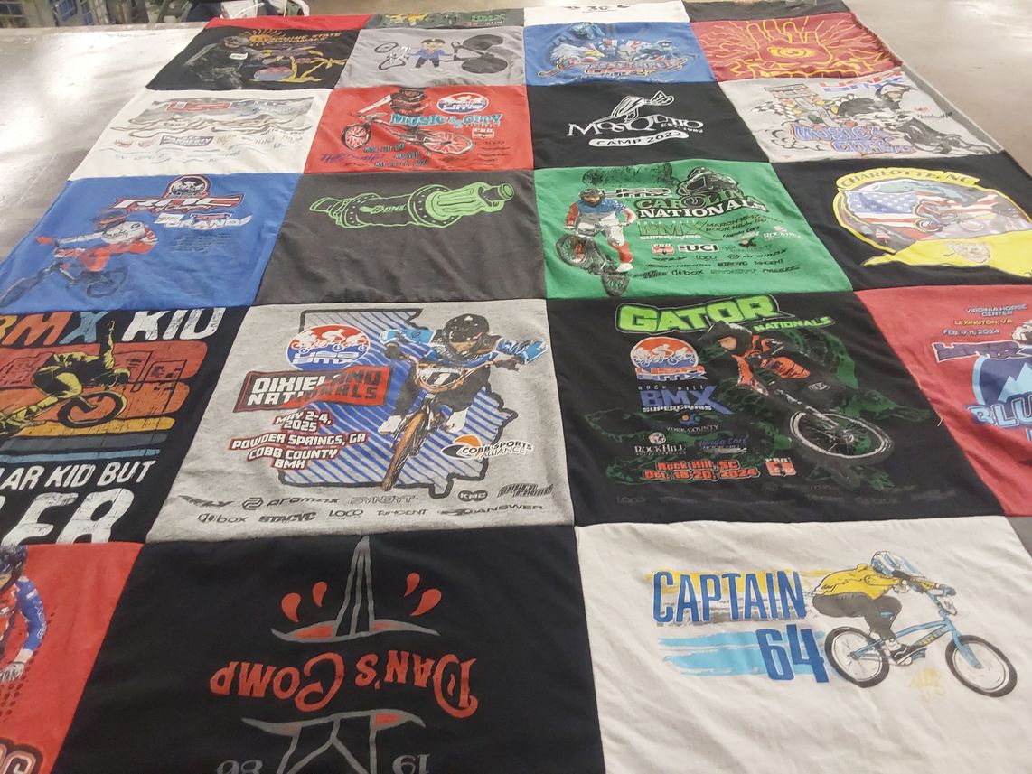T-shirt quilt with bmx racing, cycling themes by Eric from NC