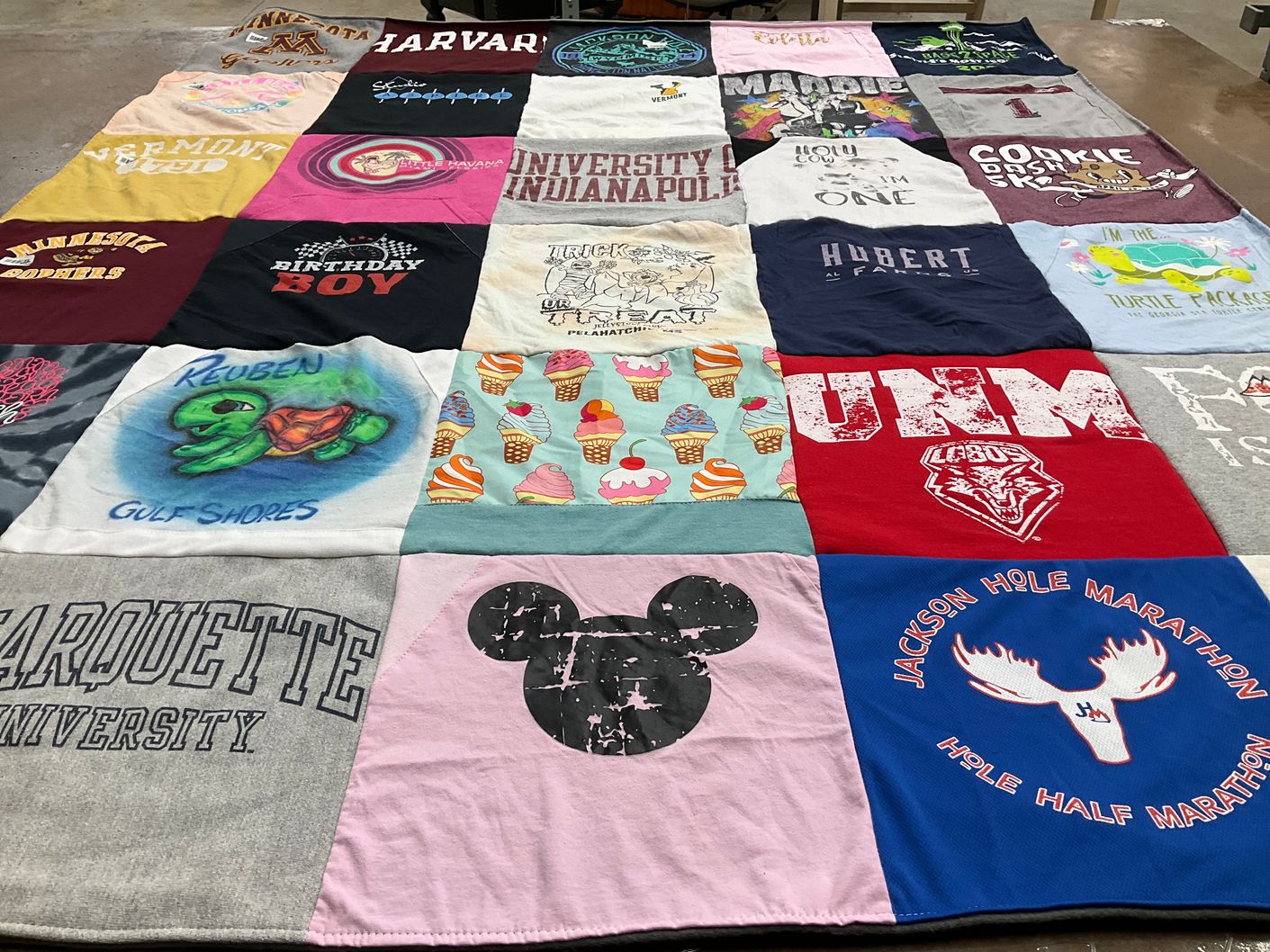 T-shirt quilt from harvard university, university of minnesota by Heather from AL
