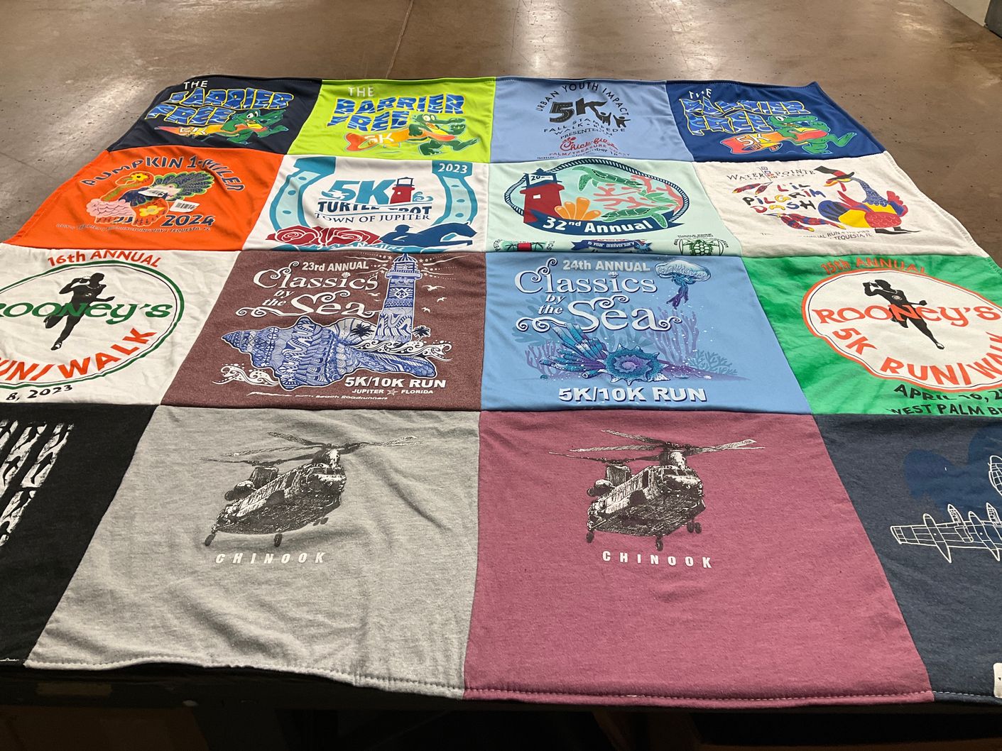 T-shirt quilt with running, fundraising themes by Dawn from FL