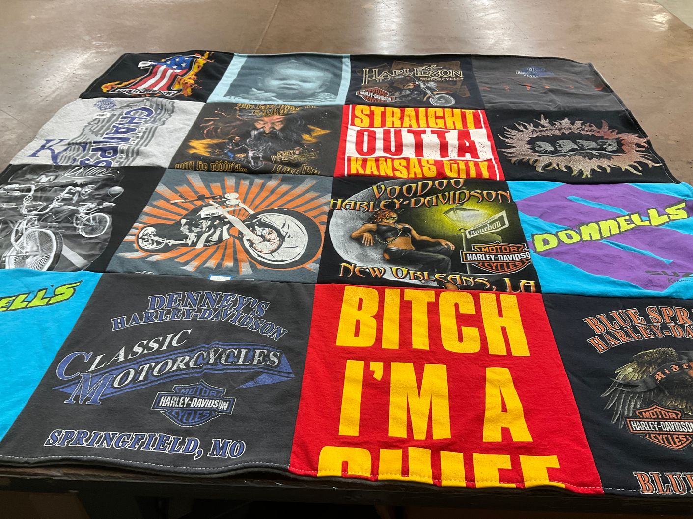 T-shirt quilt with motorcycles, harley-davidson themes by Carl from FL