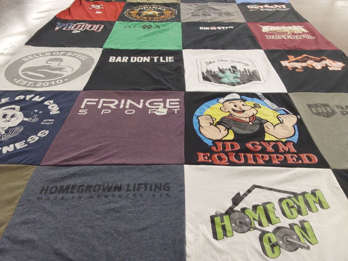T-shirt quilt with fitness, weightlifting themes by Chris from MI