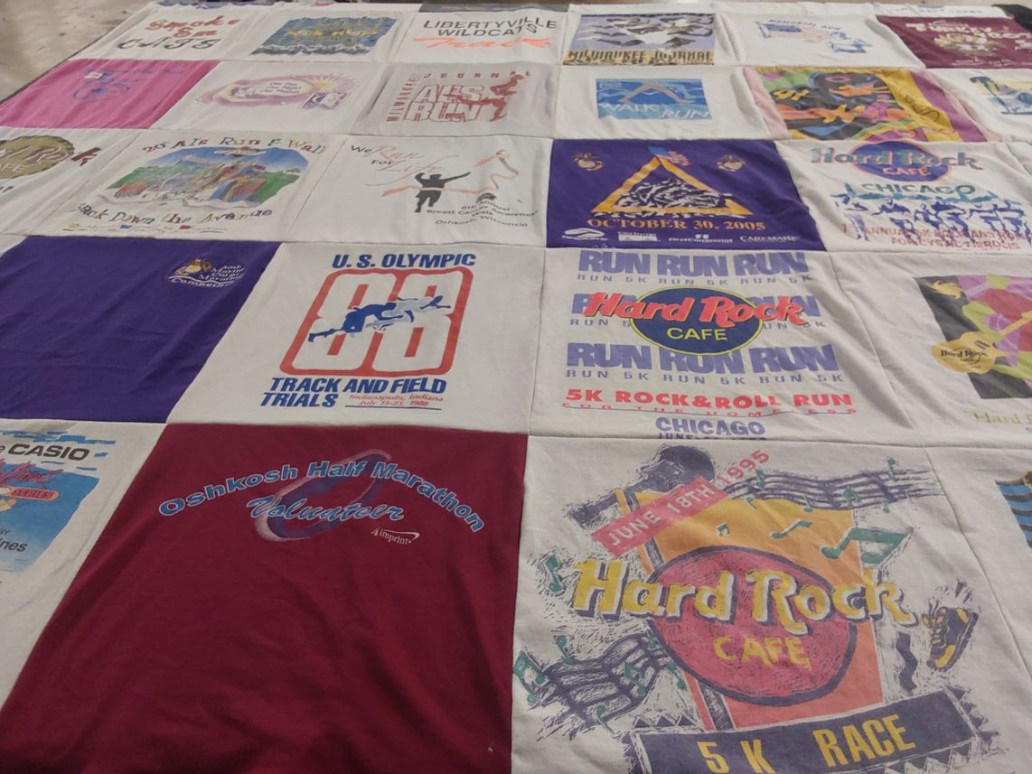 T-shirt quilt with running, marathons themes by Shelly from MN