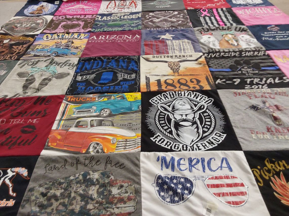 T-shirt quilt with trucks, dogs themes by Maria from CA