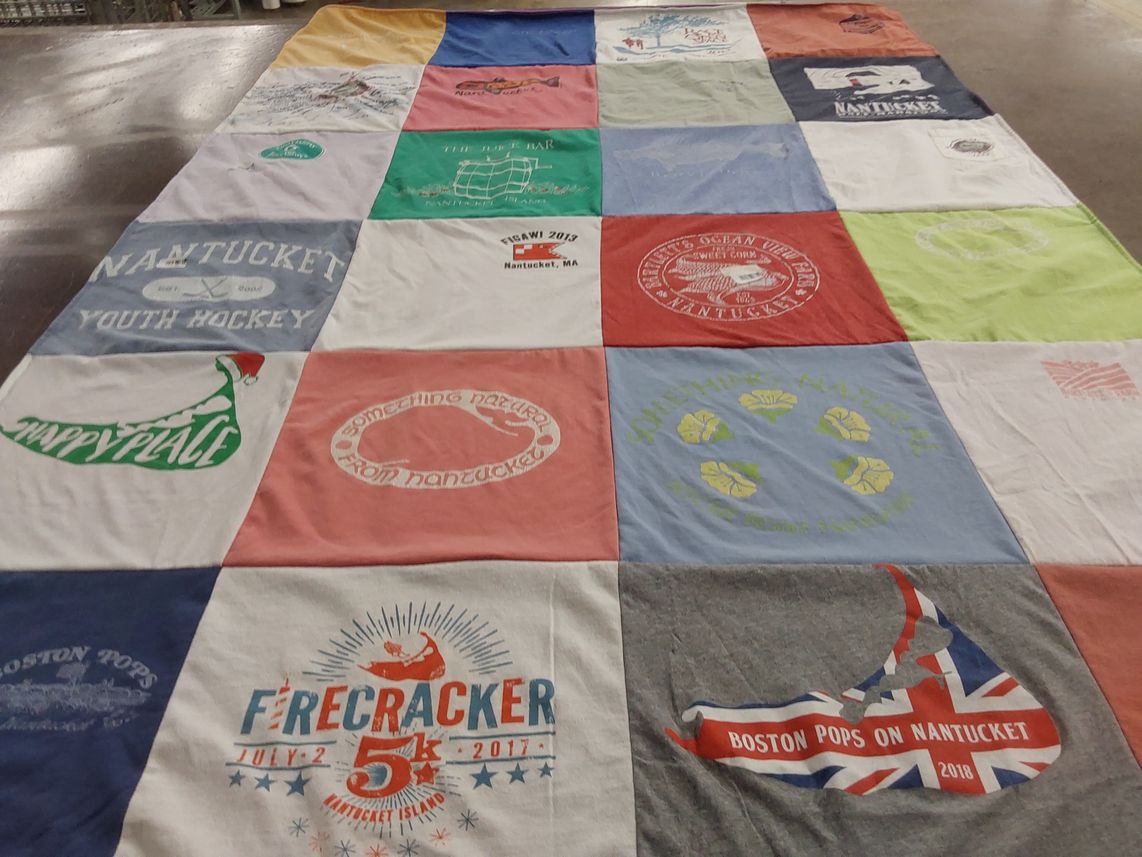 T-shirt quilt with nantucket, hockey themes by Sarah from MA