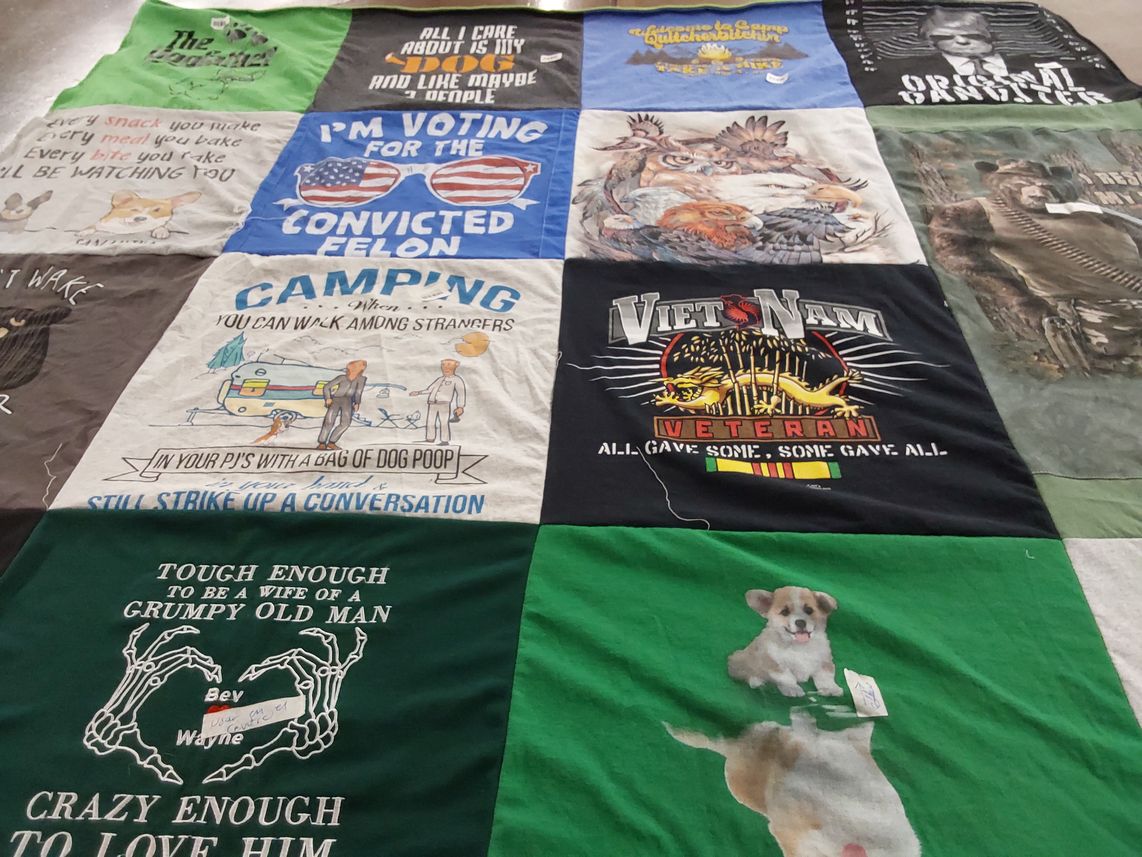 T-shirt quilt with camping, dogs themes by Beverly from WA