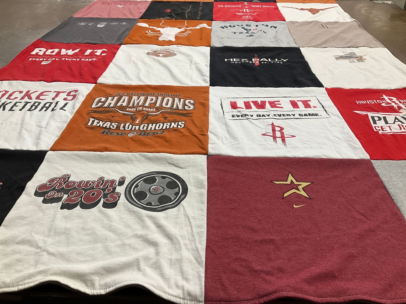 T-shirt quilt featuring texas longhorns, houston rockets by Rachel from CA