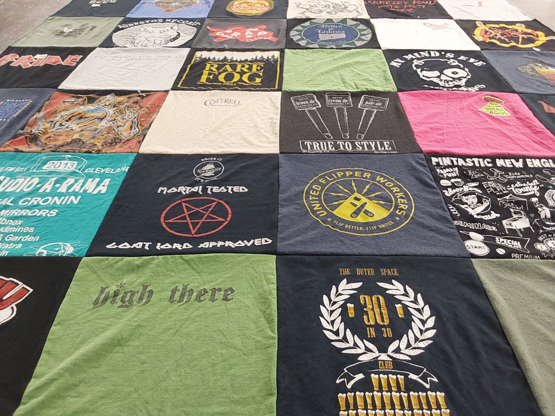 T-shirt quilt with beer, music themes by Kristen from CT