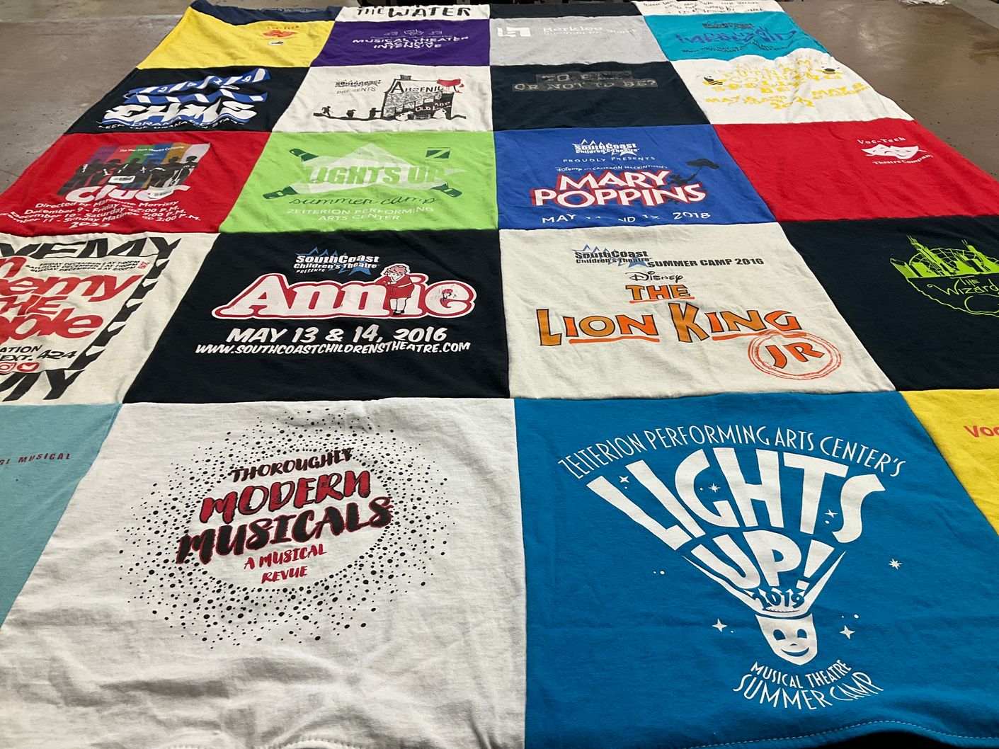 T-shirt quilt with theatre, musicals themes by Kristy from MA