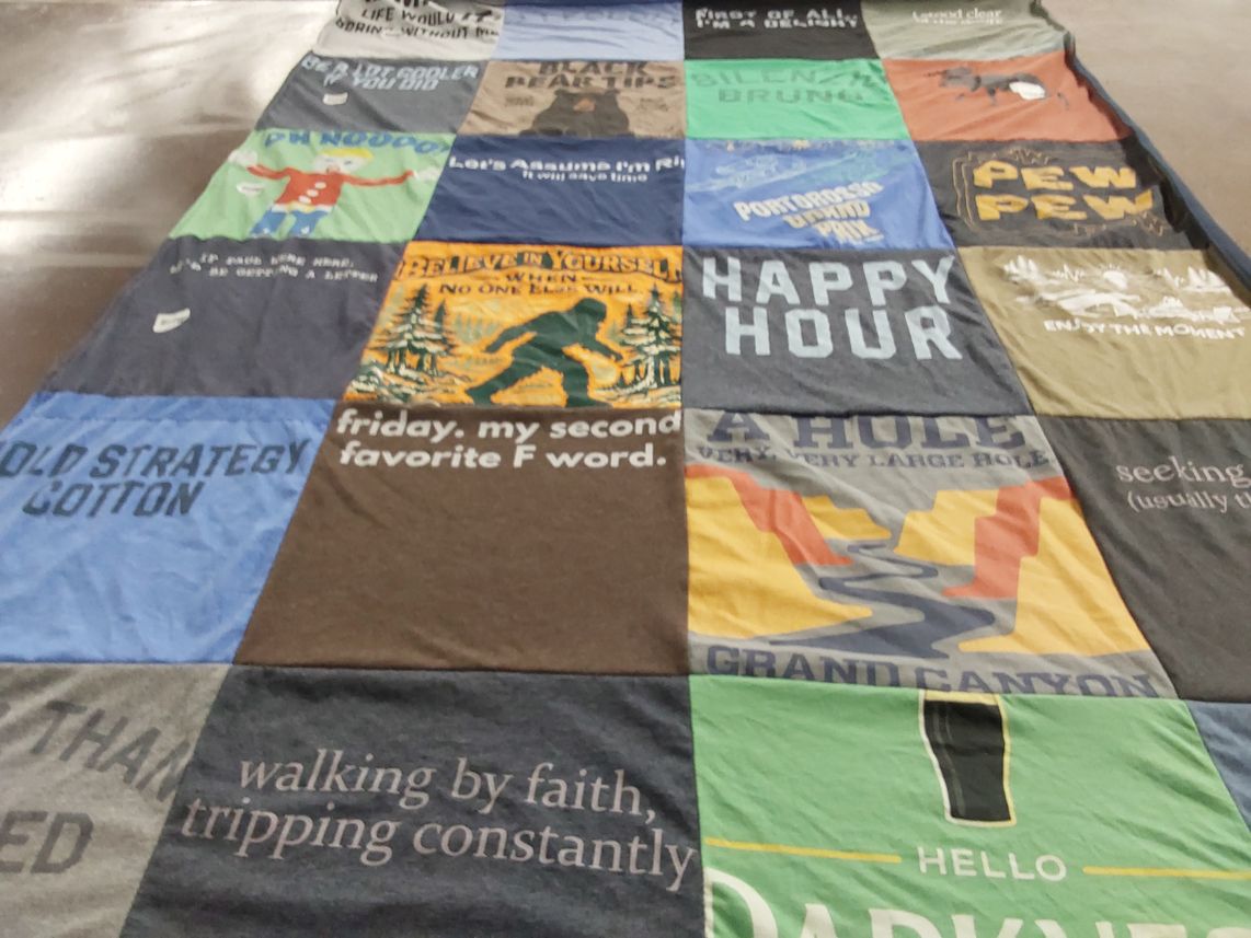 T-shirt quilt with outdoor activities, humor themes by Jason from FL