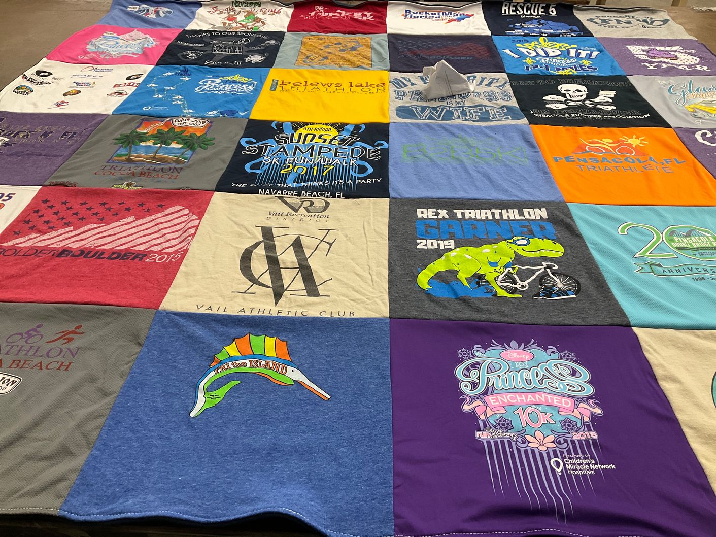 T-shirt quilt with running, triathlons themes by Randa from NC