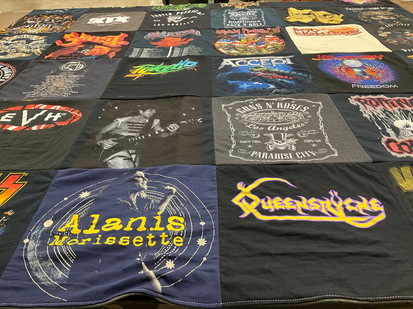 T-shirt quilt with rock music, classic rock themes by Glenda from MD