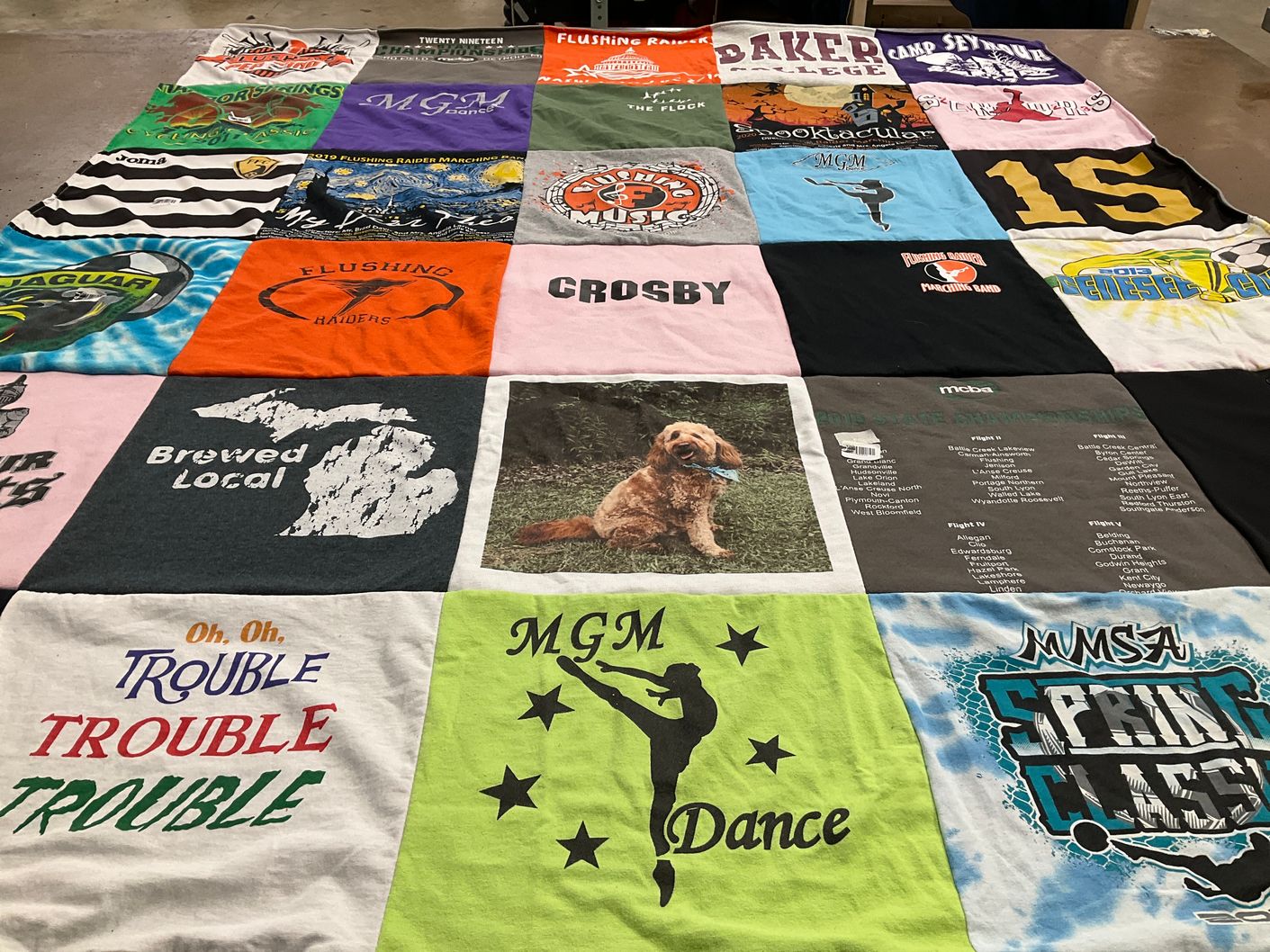T-shirt quilt from baker college, flushing high school by Tami from MI