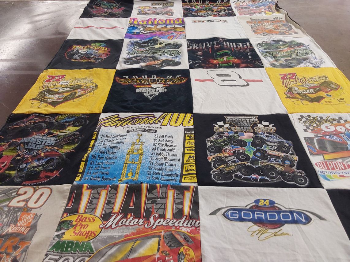 T-shirt quilt with motorsports, monster trucks themes by Angie from GA