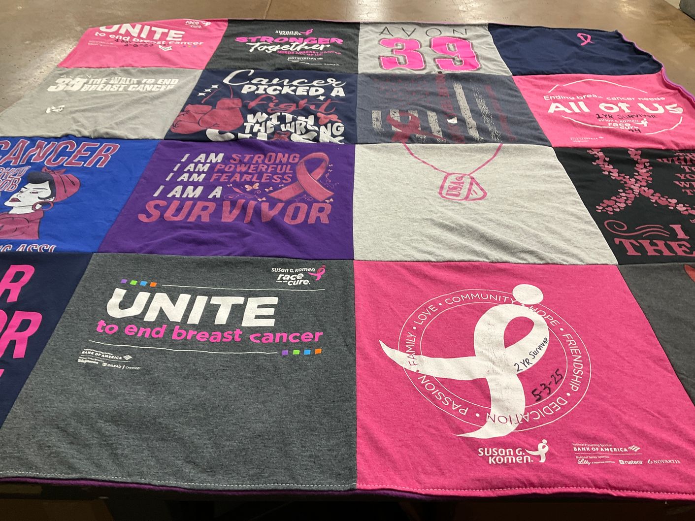 T-shirt quilt with breast cancer awareness, cancer support themes by Shelly from NC