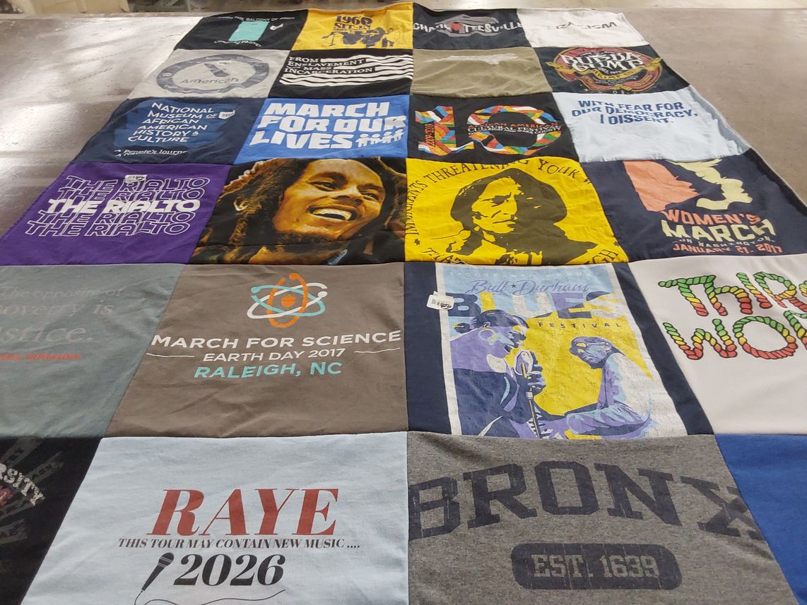 T-shirt quilt with social justice, activism themes by Drake from NC