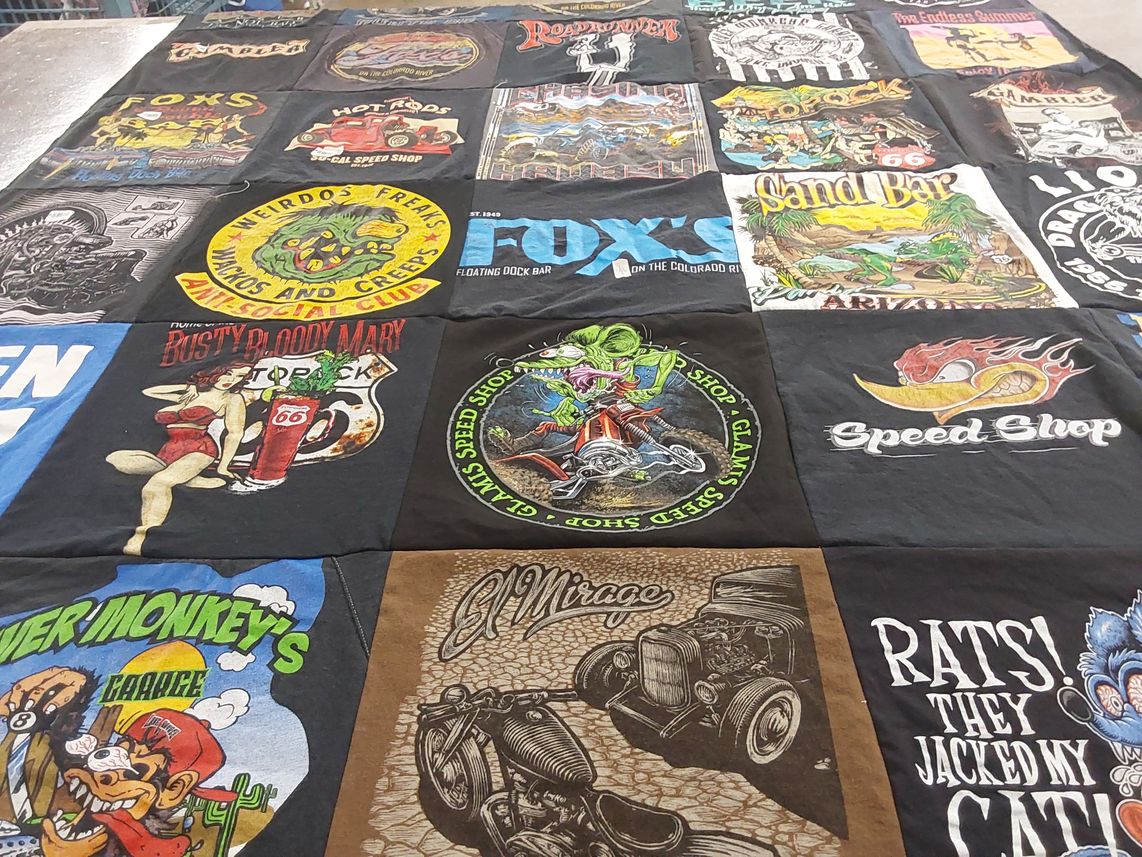 T-shirt quilt with motorcycles, vintage themes by Melissa from AZ