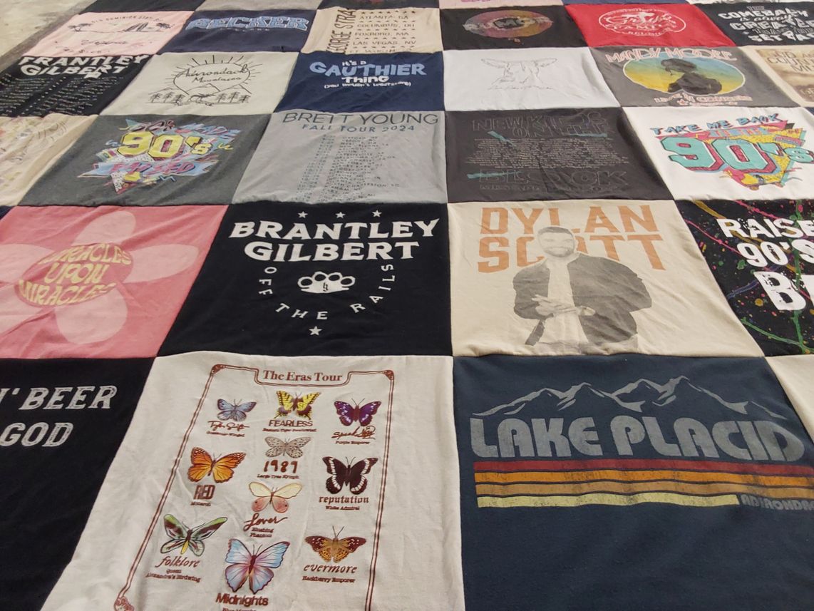 T-shirt quilt with country music, pop music themes by Michelle from MA