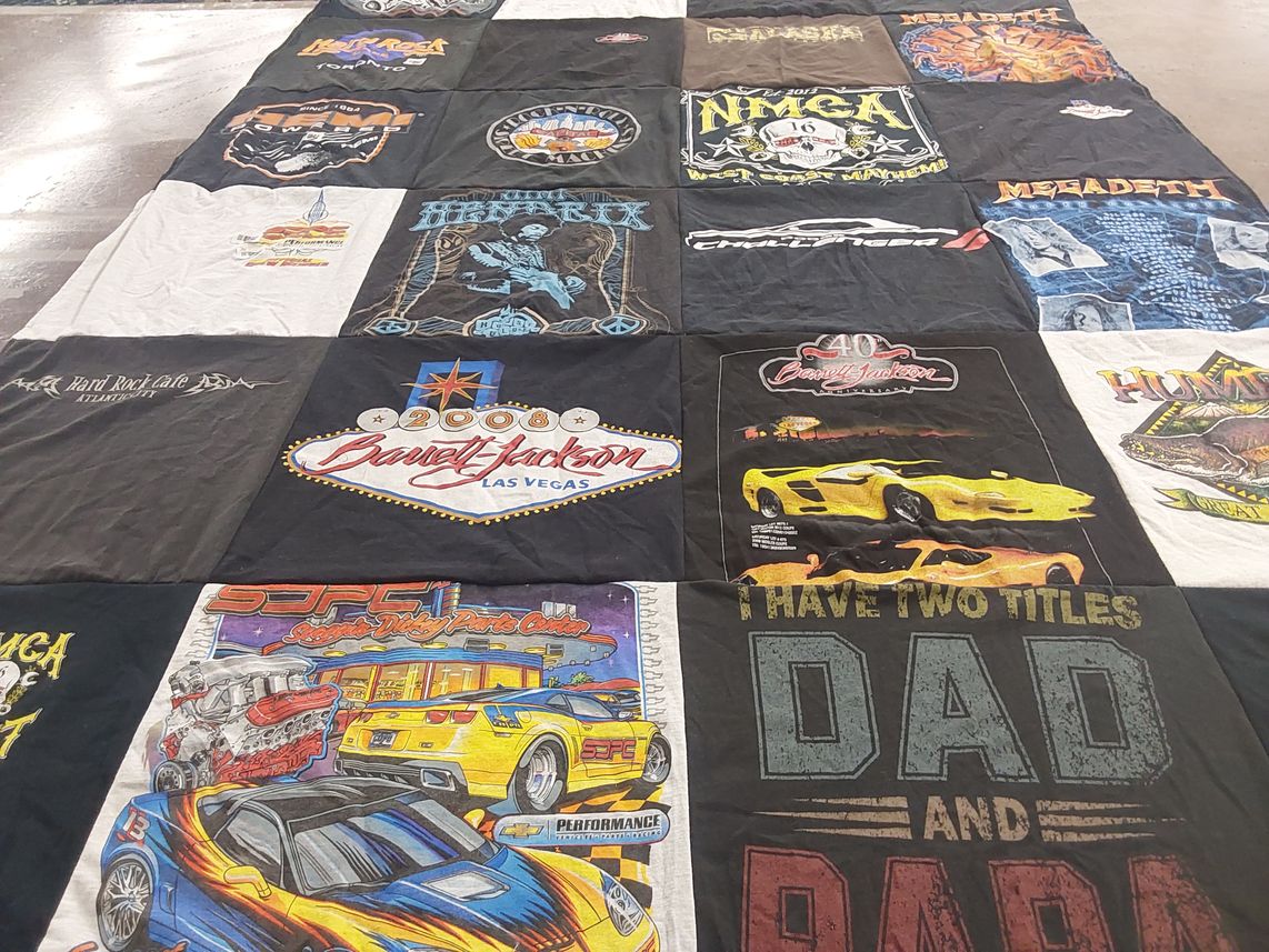 T-shirt quilt with cars, rock music themes by Lori from OH