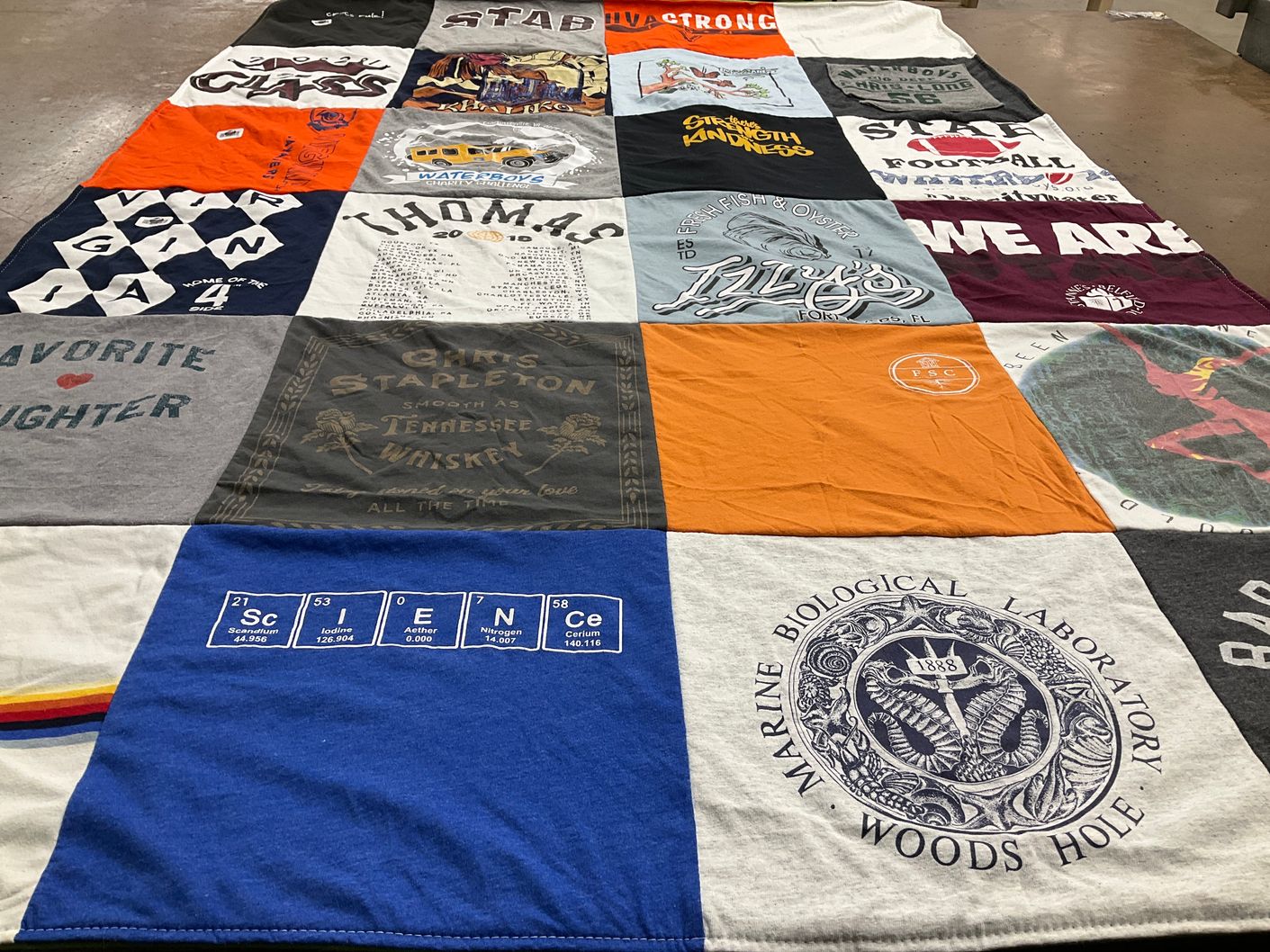 T-shirt quilt with country music, marine biology themes by Sterling from VA