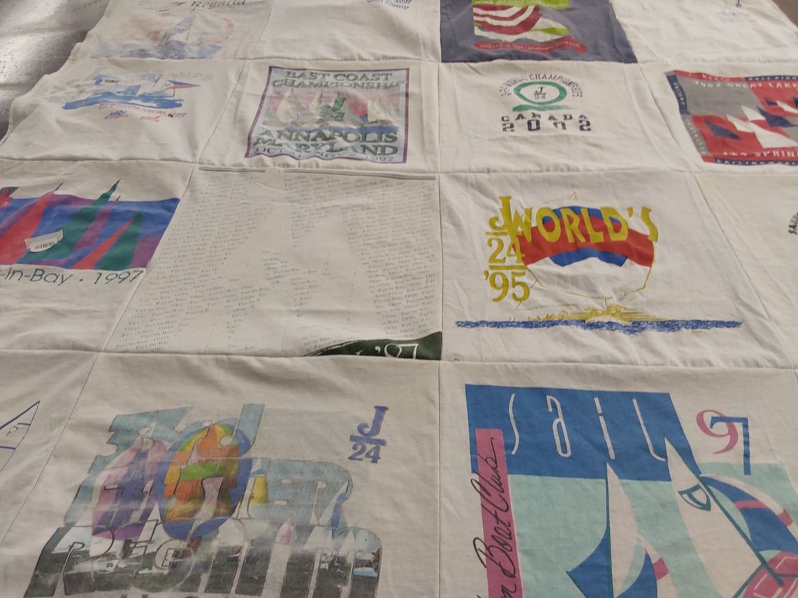 T-shirt quilt with sailing, sports themes by Julia from TX