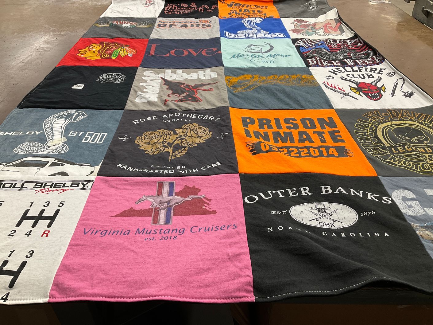 T-shirt quilt with automobiles, motorcycles themes by Lesley from OH