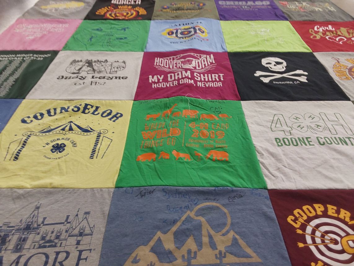 T-shirt quilt with camping, counseling themes by Valerie from KY