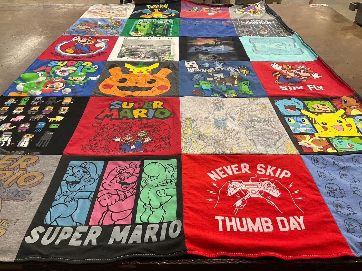 T-shirt quilt with video games, gaming themes by Maureen from NY