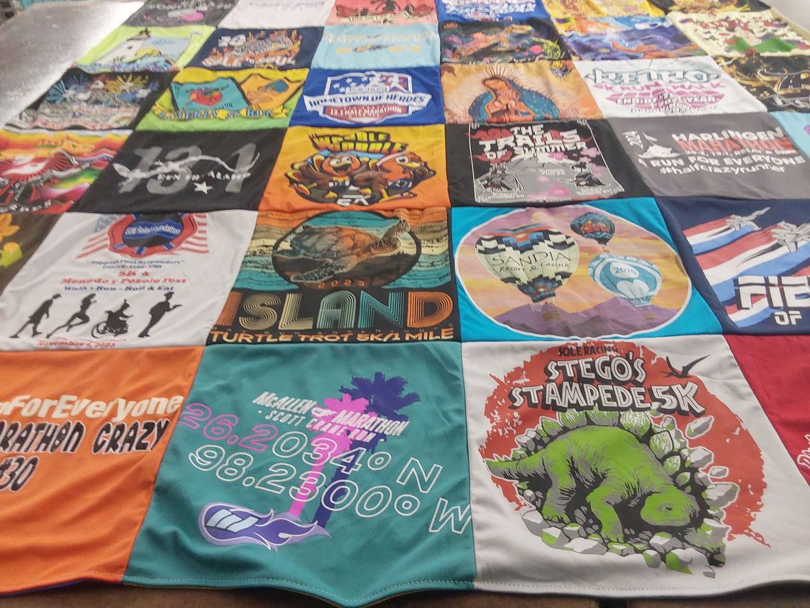 T-shirt quilt with running, races themes by Rina from TX