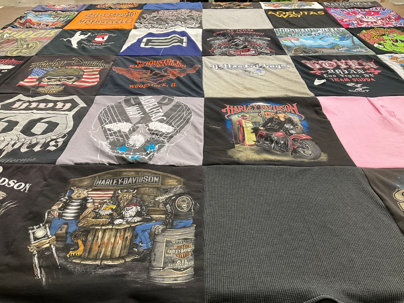 T-shirt quilt with motorcycles, bikers themes by Darcey from CA