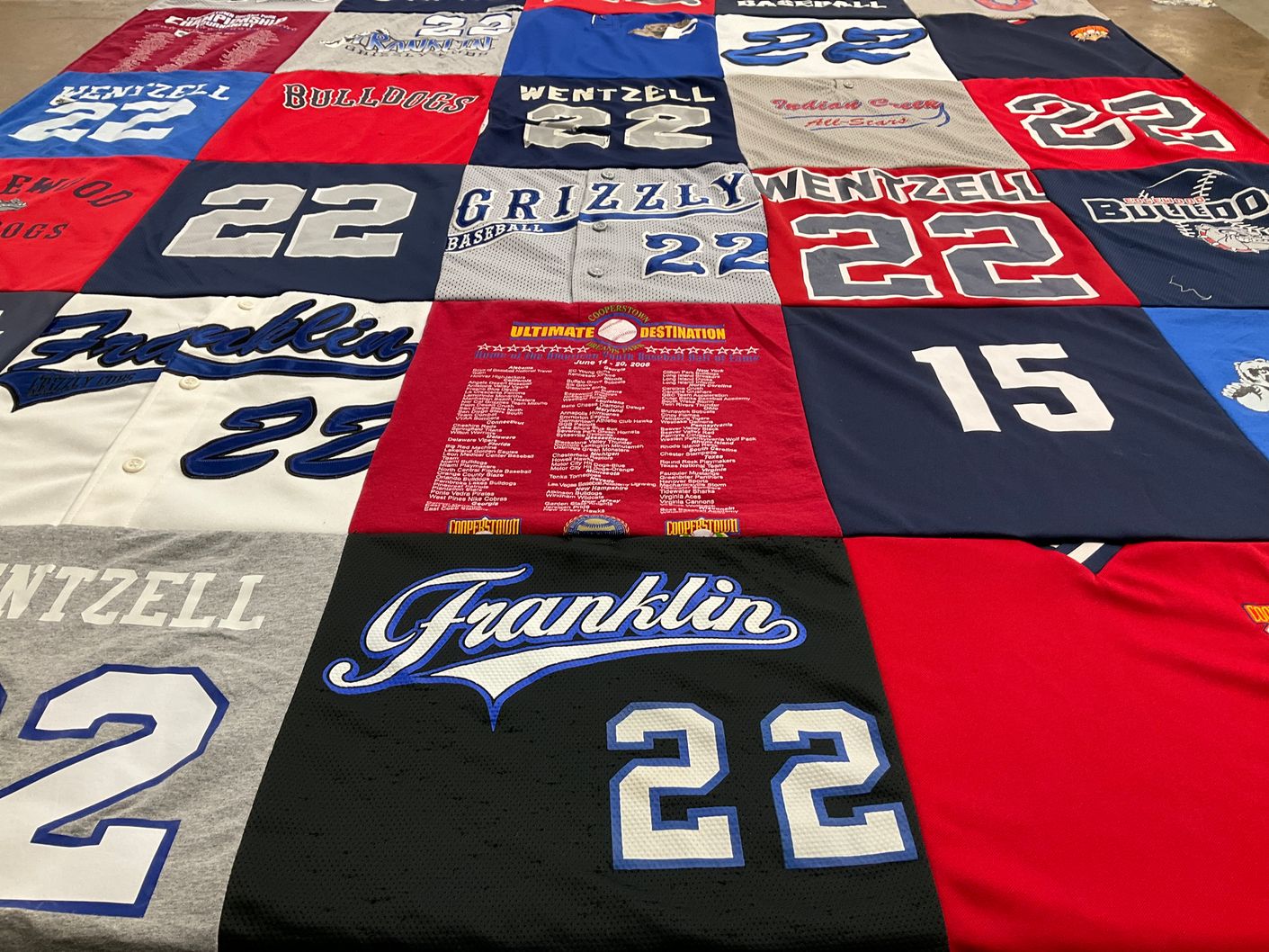 T-shirt quilt featuring wentzell bulldogs, grizzly baseball by Steve from IN