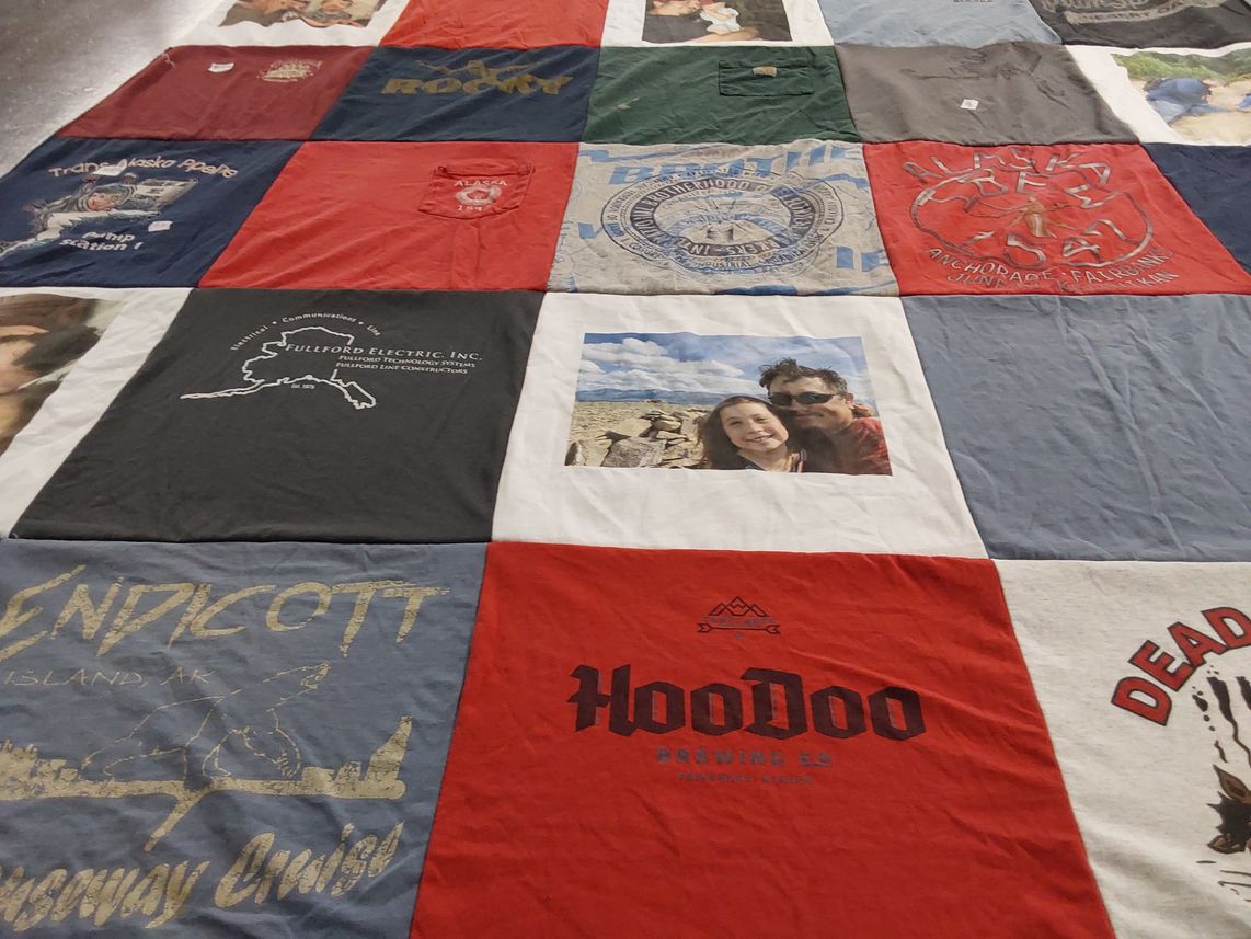 T-shirt quilt with brewing, outdoors themes by Virginia from AK