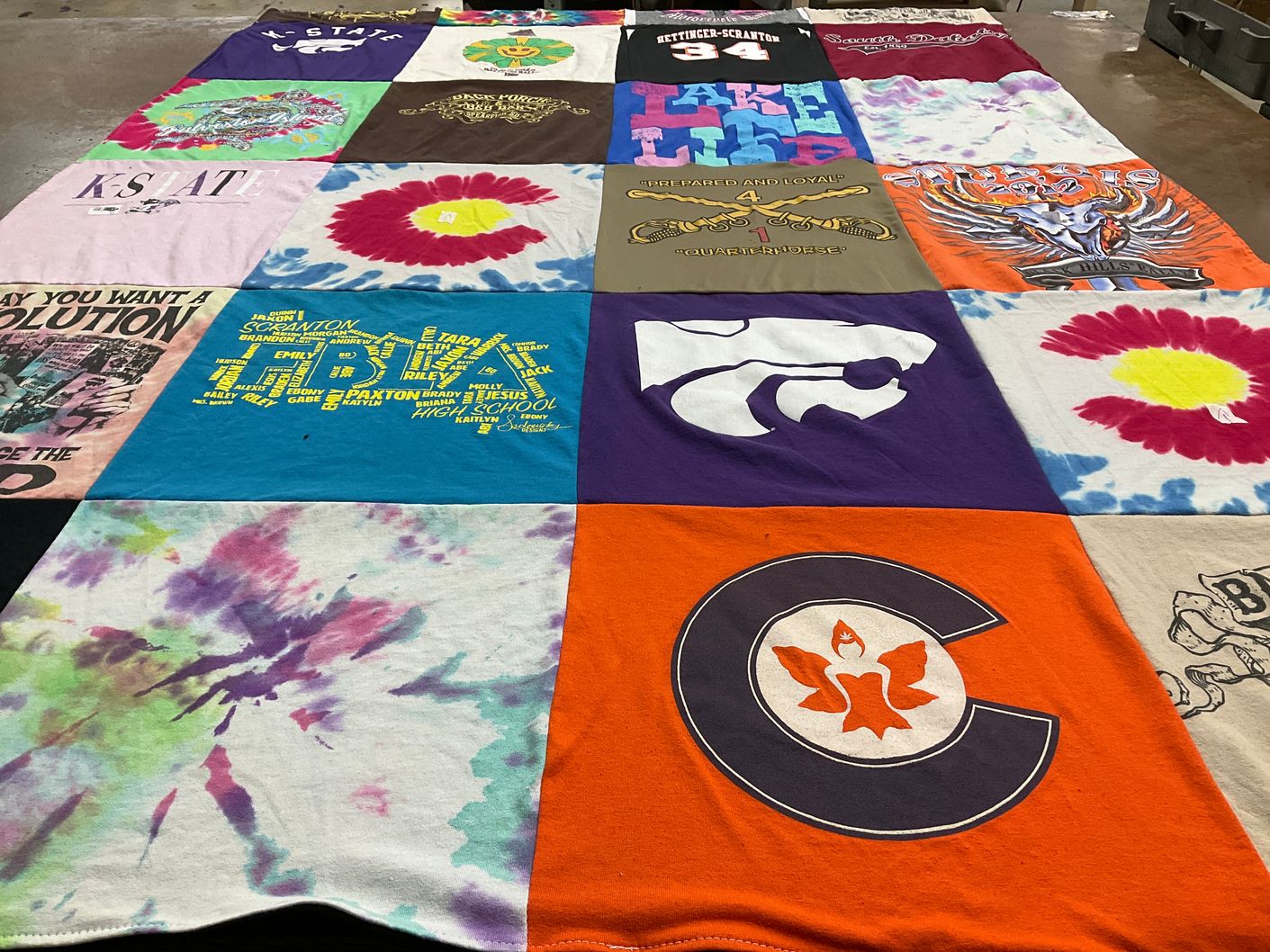 T-shirt quilt from kansas state university, jesus high school by Abigayle from ND