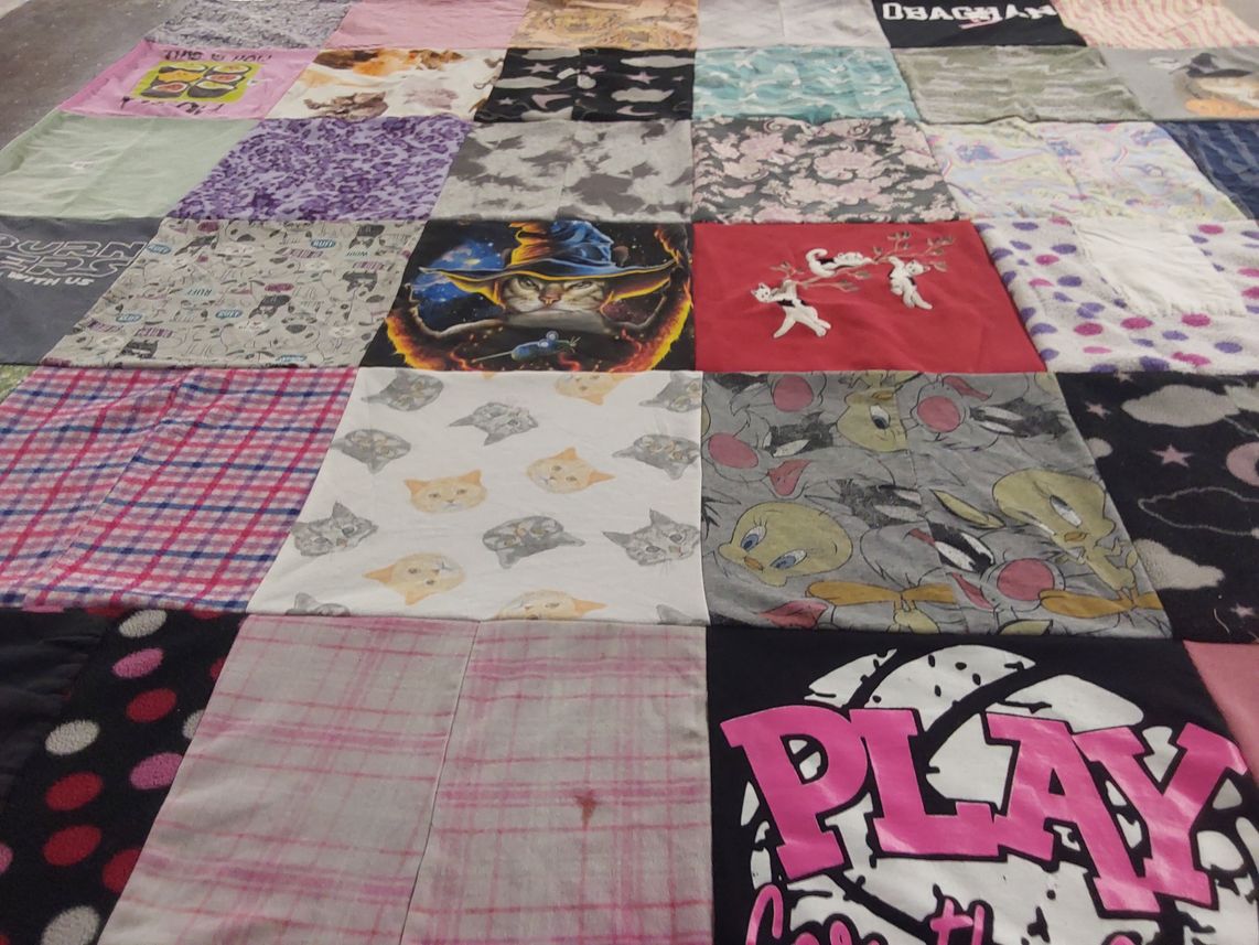 T-shirt quilt with cats, cartoons themes by Theresa from AL
