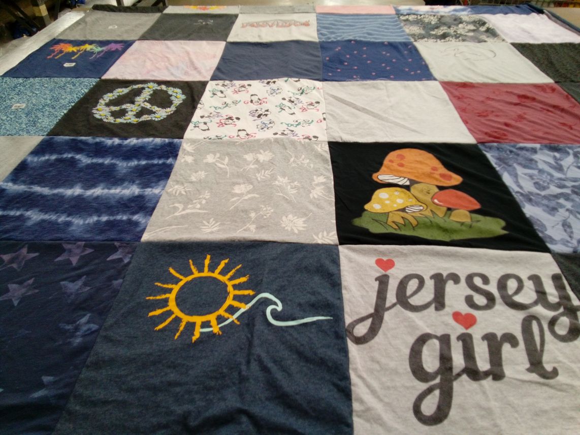 T-shirt quilt with mushrooms, nature themes by Michele from NJ
