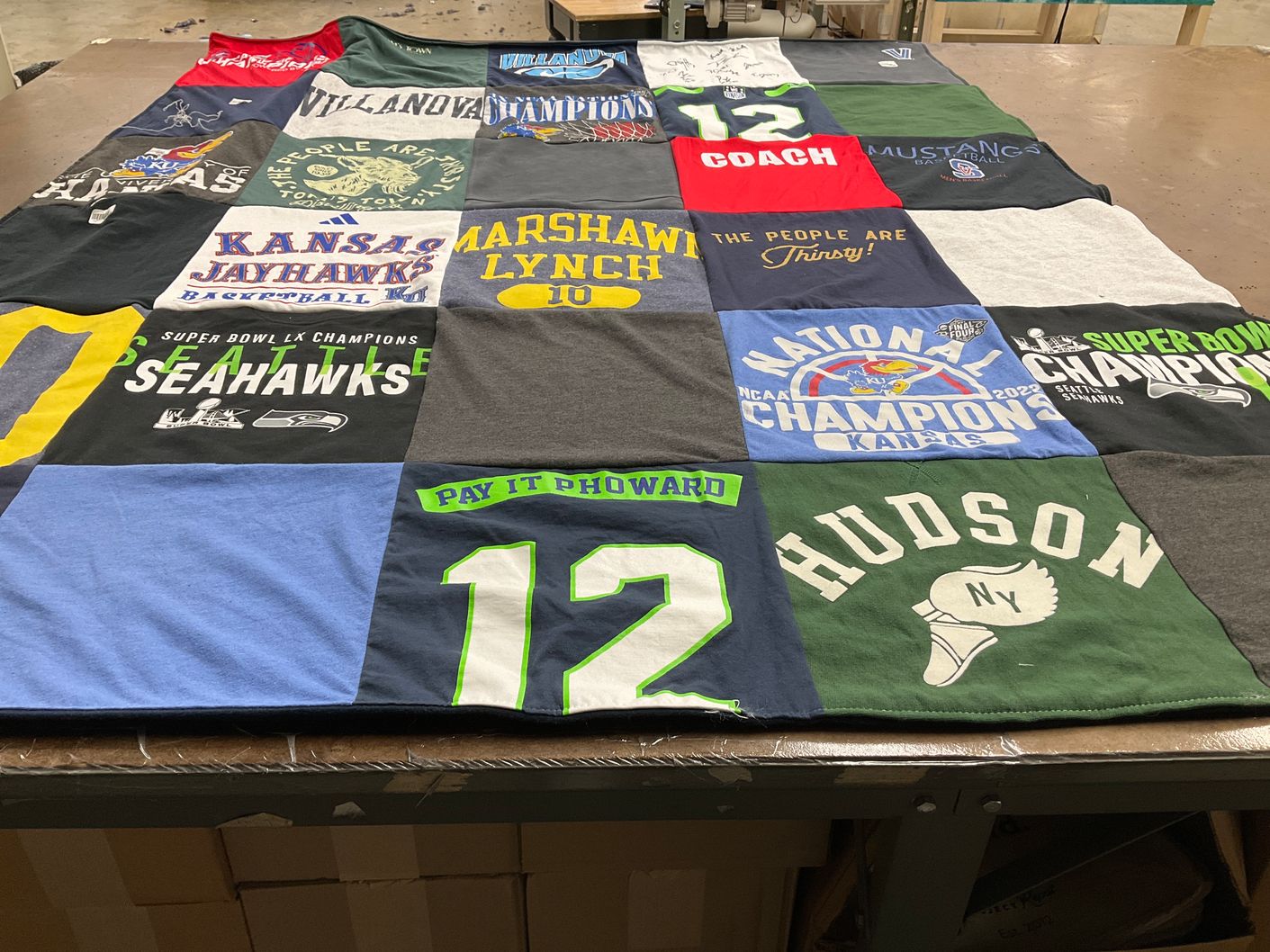 T-shirt quilt featuring seattle seahawks, kansas jayhawks by Maria from MO